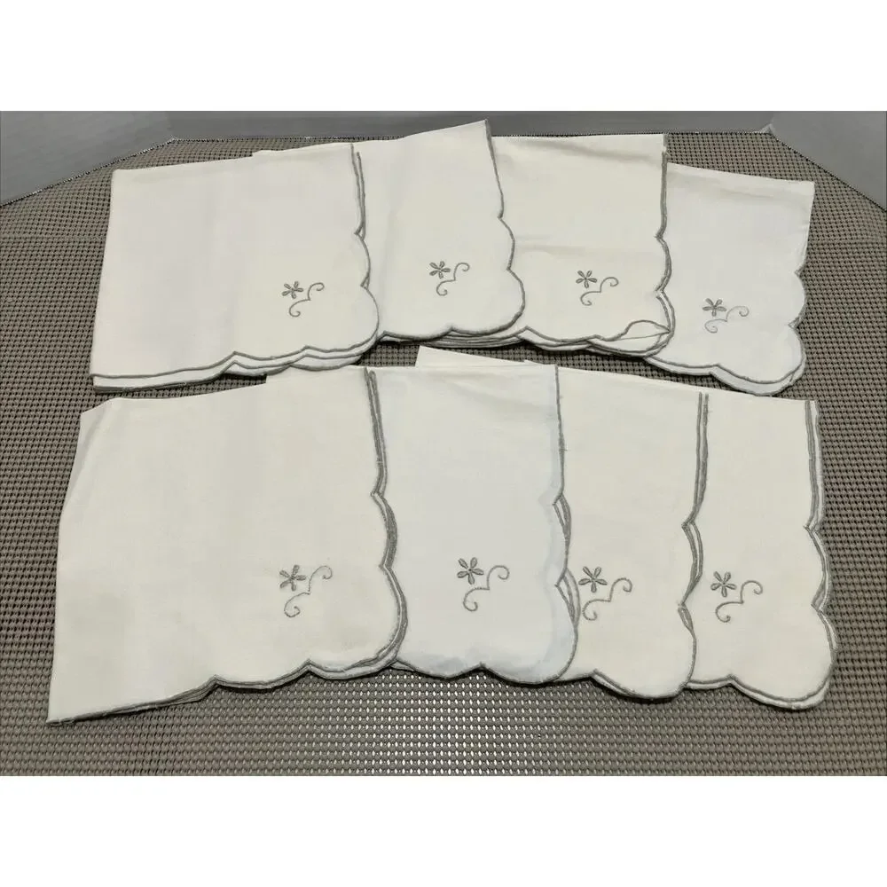 Cocktail Napkins Embroidered Scalloped Off-White Gray Silver Edge Set of 8